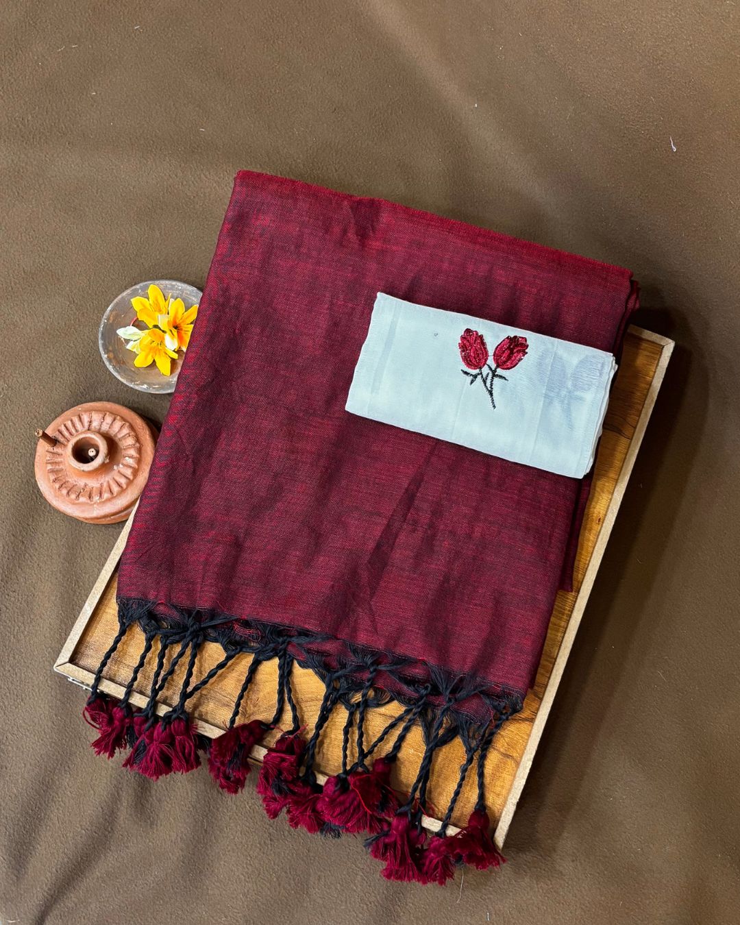Maroon Colour Cotton Saree with Contrast Blouse Piece
