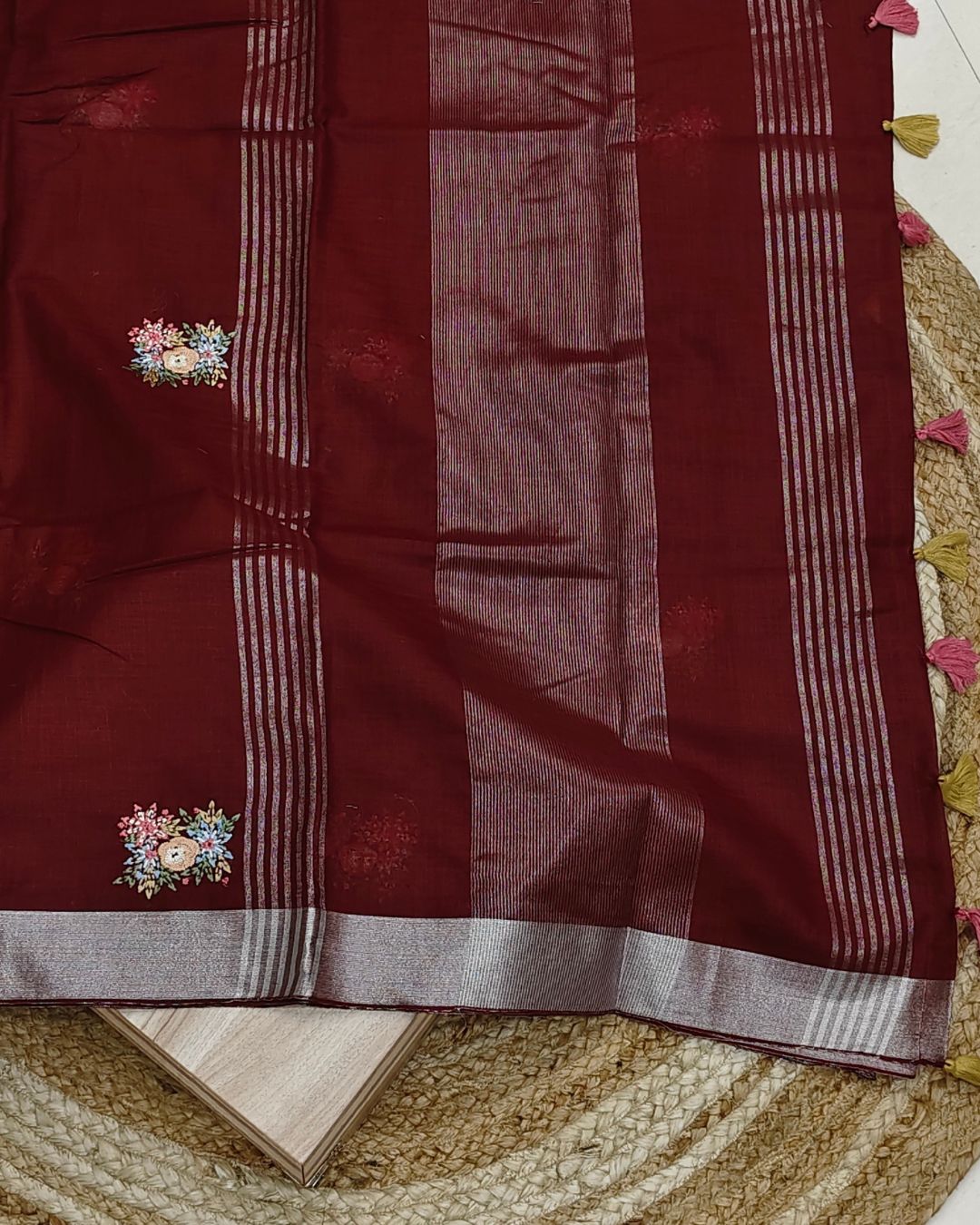 Maroon Colour Jute Cotton Saree