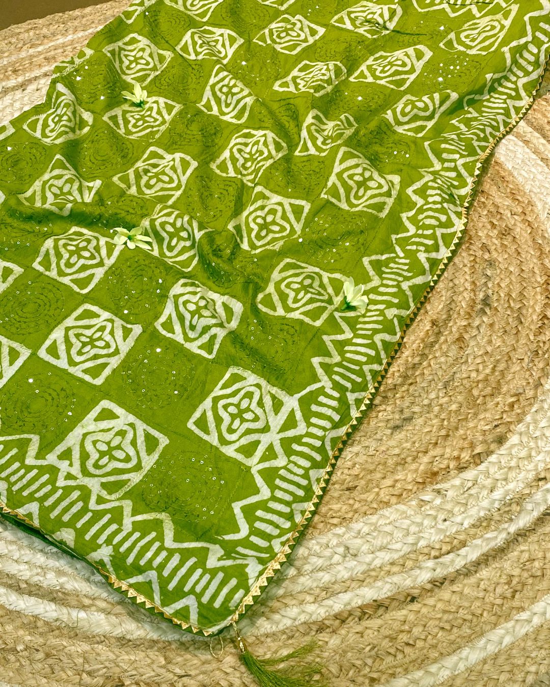 Parrot Green Colour Batik Cotton Saree