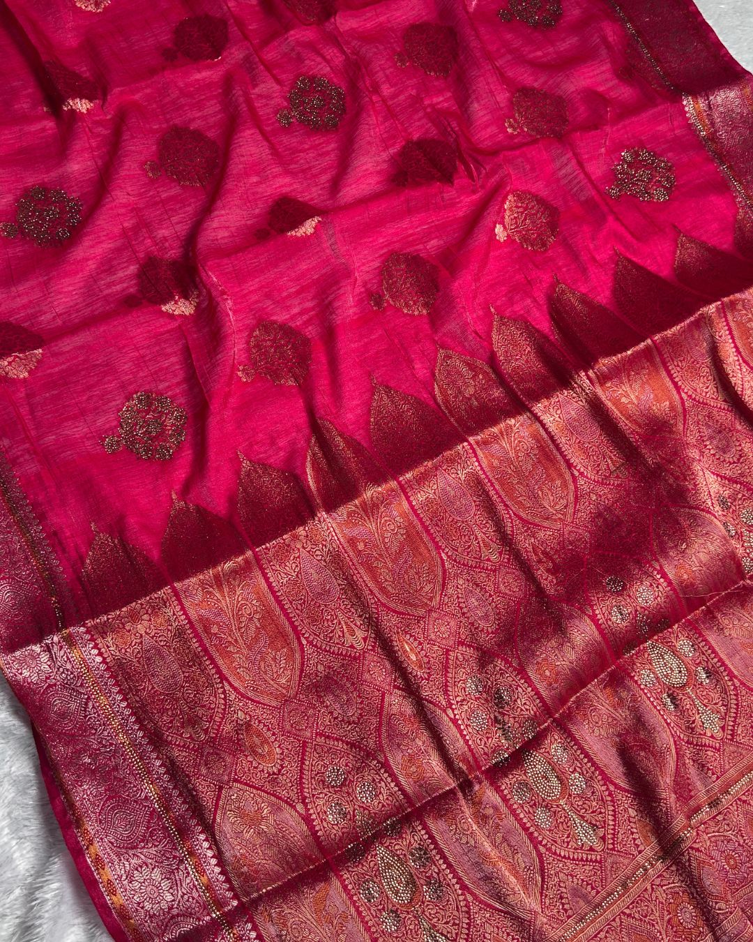 Cherry Pink Colour Shimmer Georgette Saree With Swarovski Work