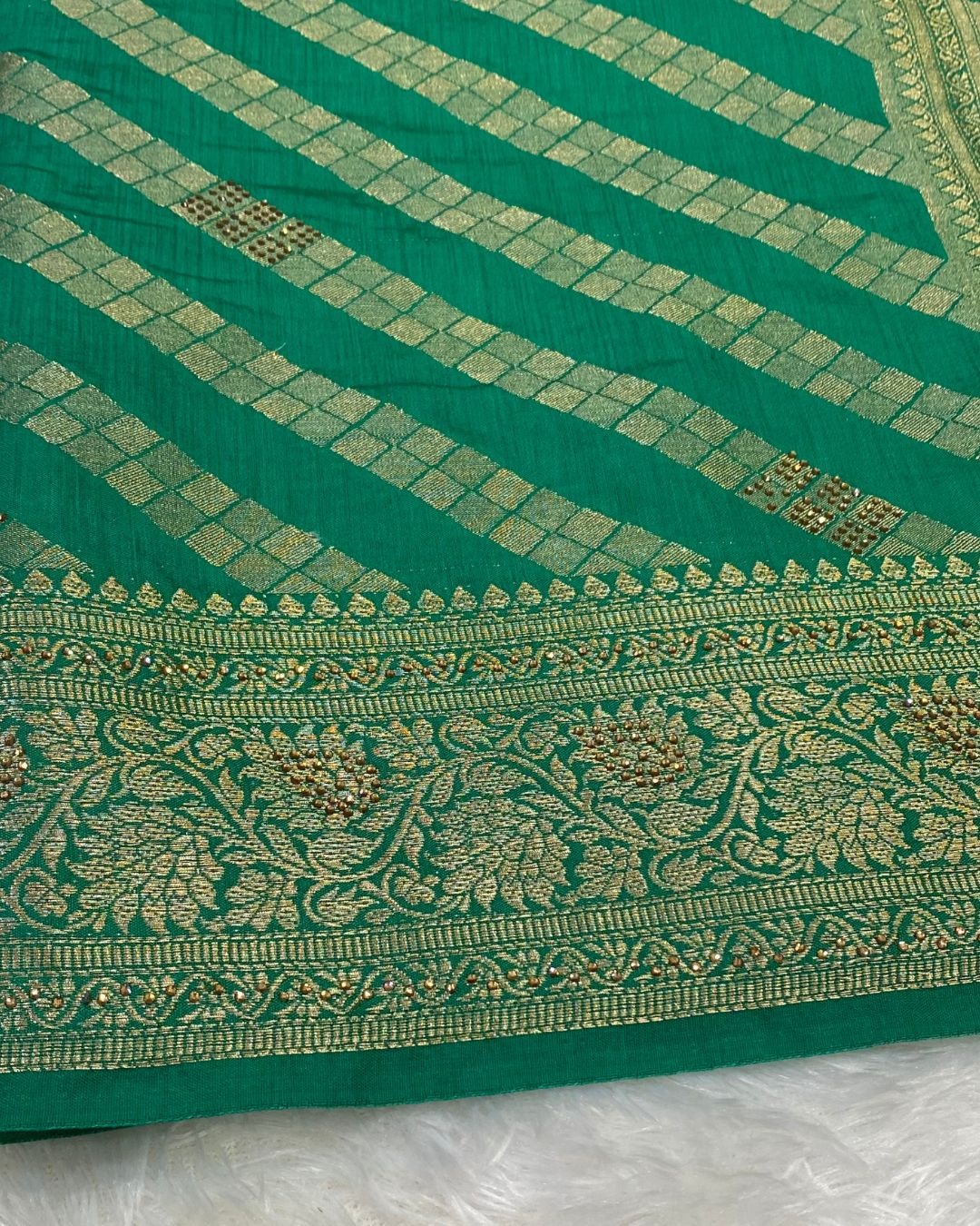 Olive Green Colour Vichitra Silk Swarovski Work Saree