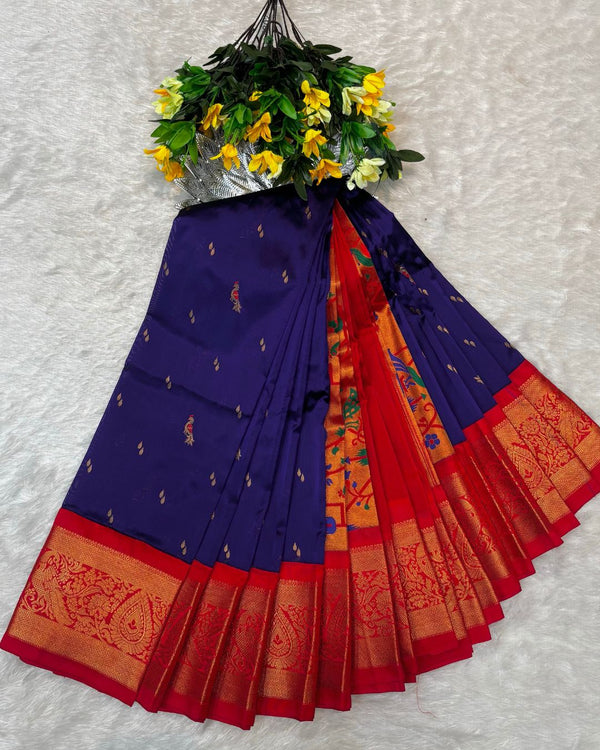 Royal blue Colour Peacock Paithani with Contrast  Blouse