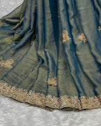 Peacock Blue Colour Shimmer Silk Saree with Contrast Blouse Piece