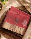 Coral Pink Colour Organza Silk Saree with Golden Zari Border