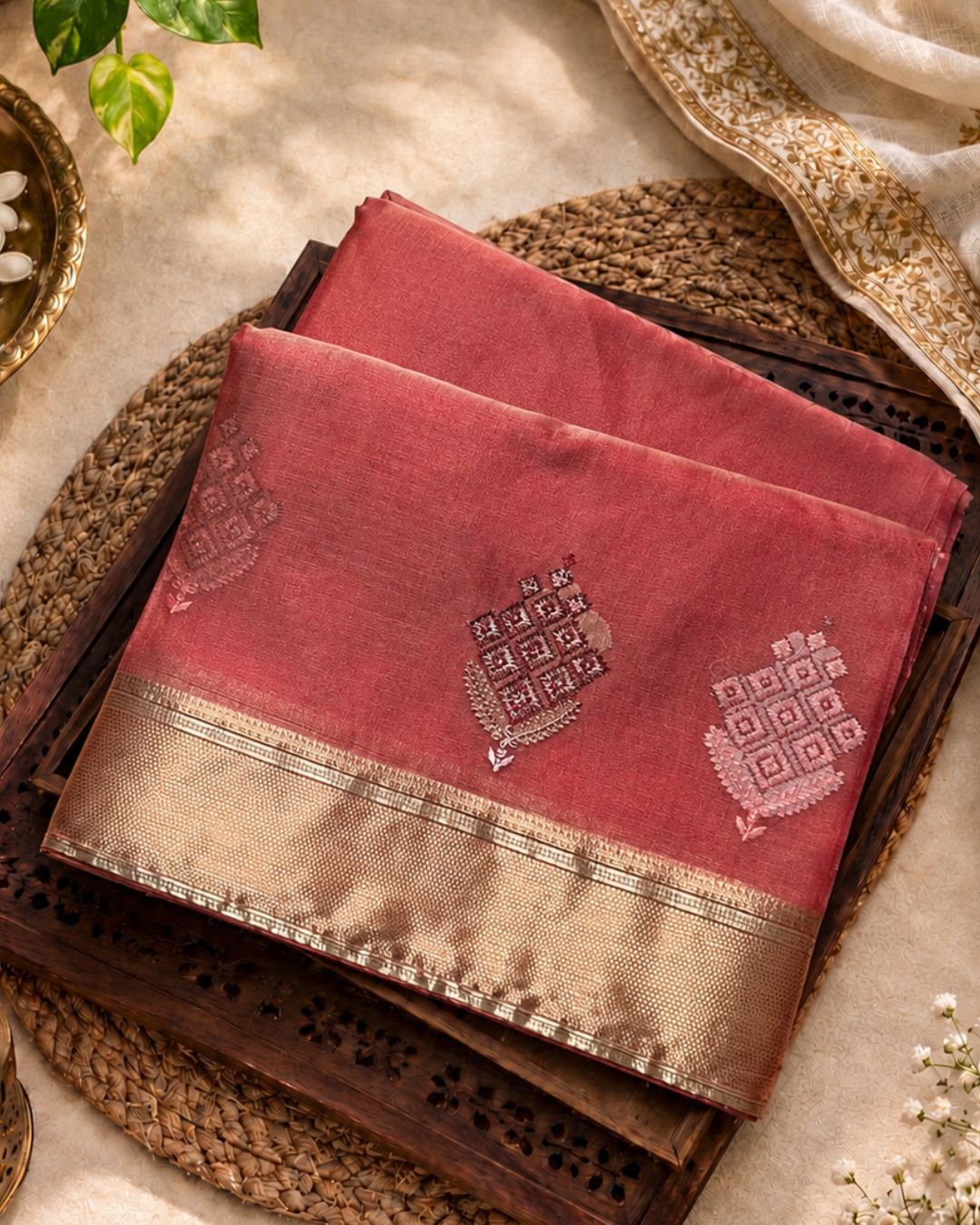 Coral Pink Colour Organza Silk Saree with Golden Zari Border