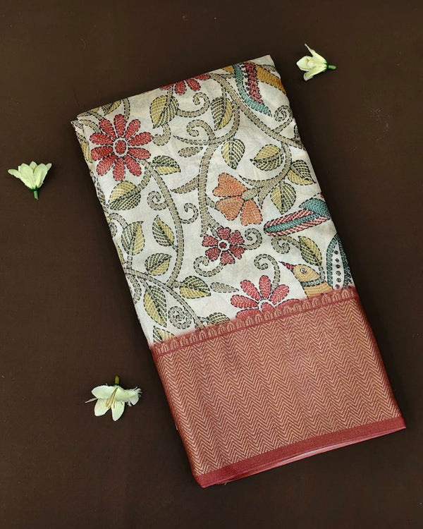 Off White Colour Tussar Silk Printed Saree