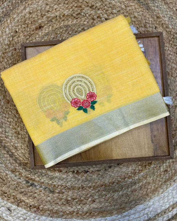 Golden Beige Colour Linen Cotton Saree