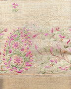 Golden Beige Tissue Cotton Saree with Elegant Pink Floral Thread Embroidery