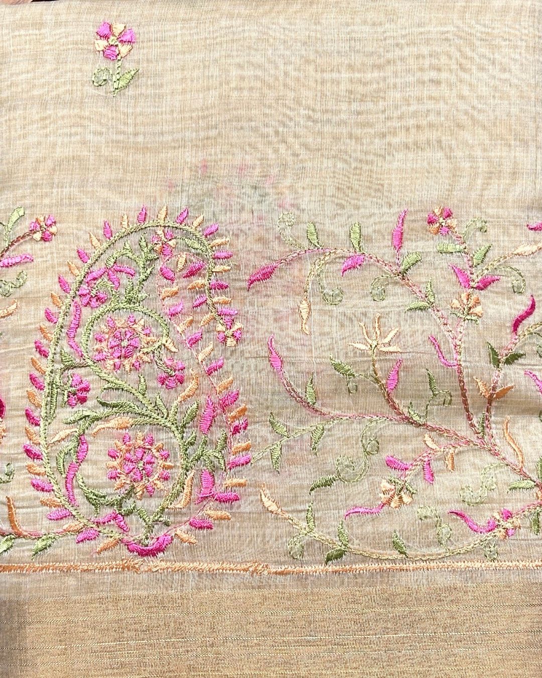 Golden Beige Tissue Cotton Saree with Elegant Pink Floral Thread Embroidery
