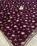 Wine Colour Chiffon Batik Print lace Border Saree