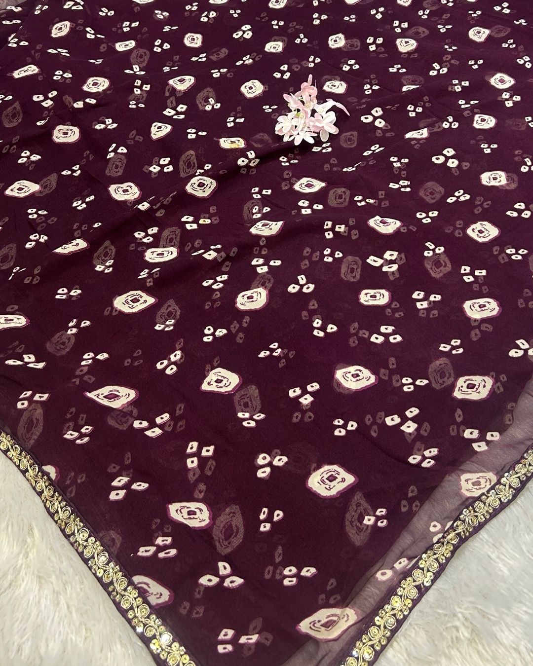 Wine Colour Chiffon Batik Print lace Border Saree