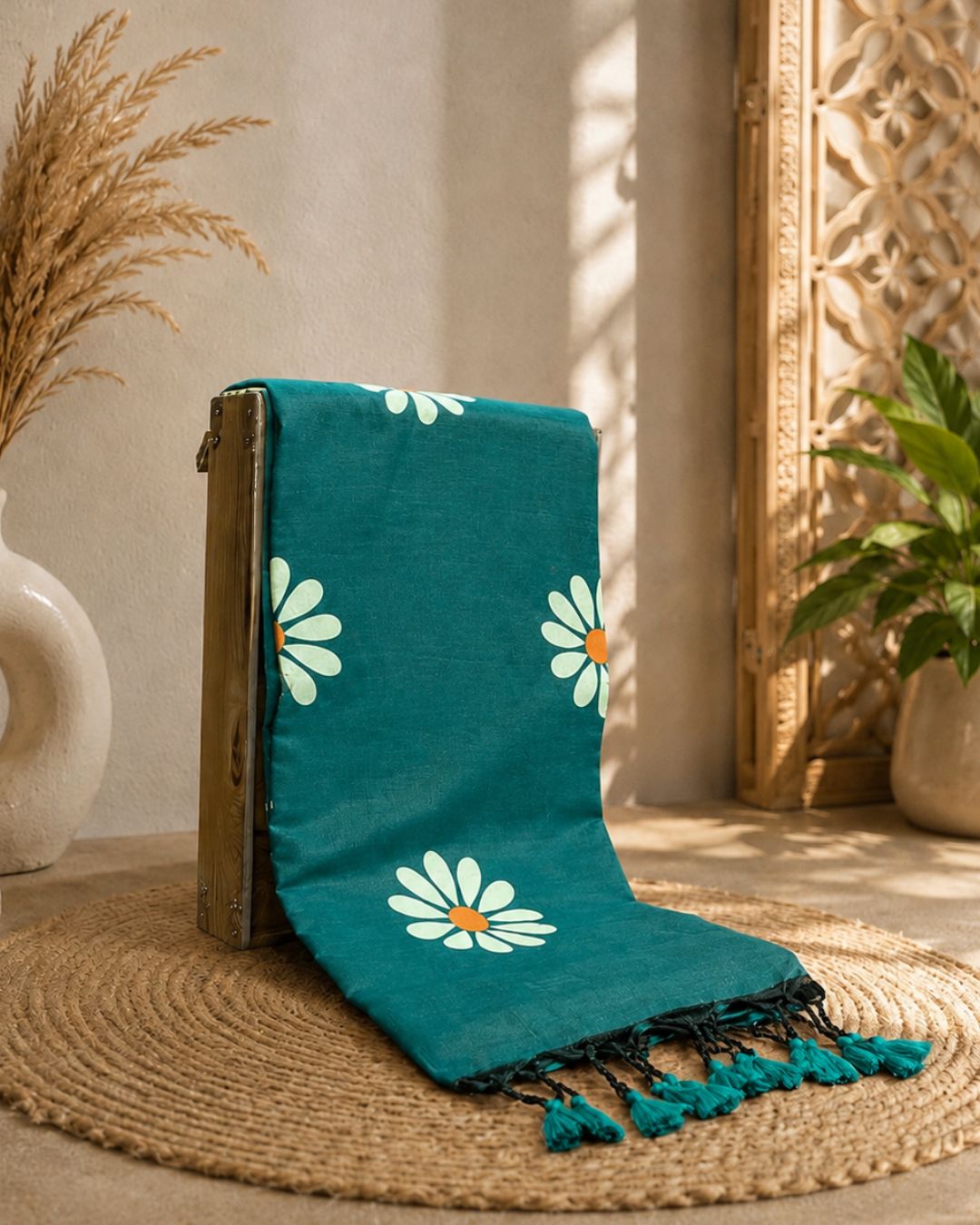 Dark Rama Green Colour Cotton Floral Printed Saree
