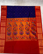 Royal blue Colour Peacock Paithani with Contrast  Blouse