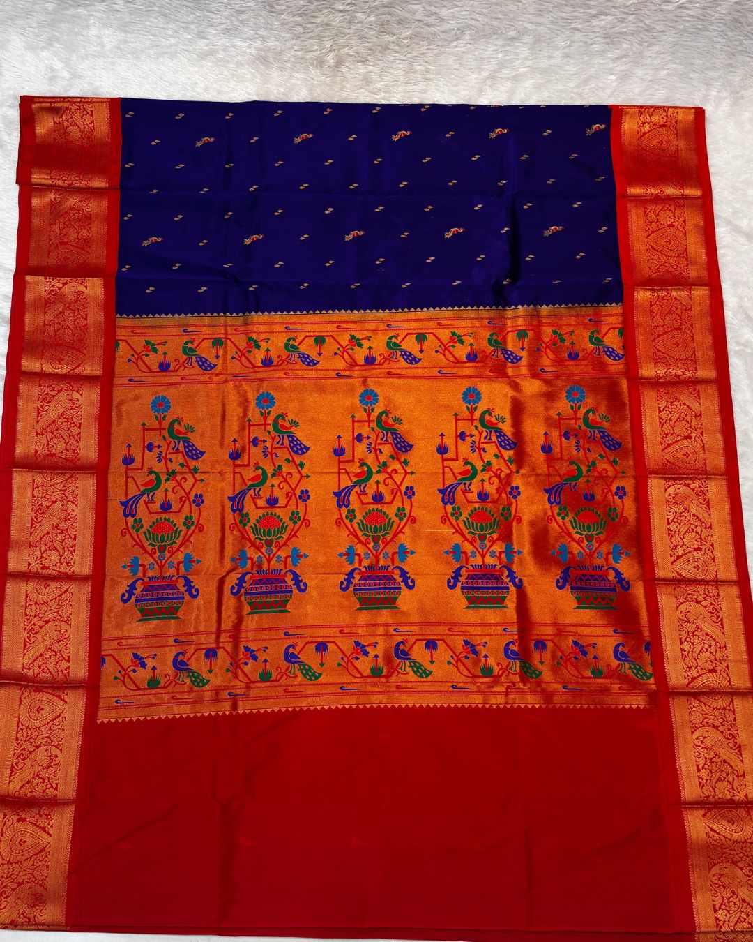Royal blue Colour Peacock Paithani with Contrast  Blouse