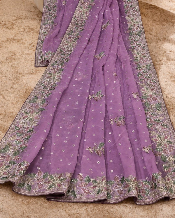 Peach Pink Shimmer Georgette Saree with Thread Work