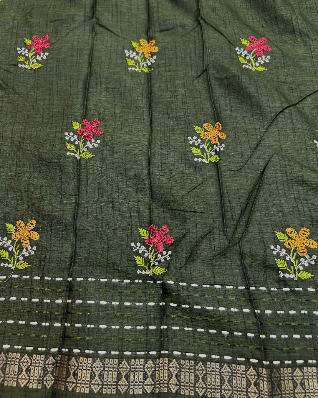 Hunter Green Colour Katha Work Cotton Saree