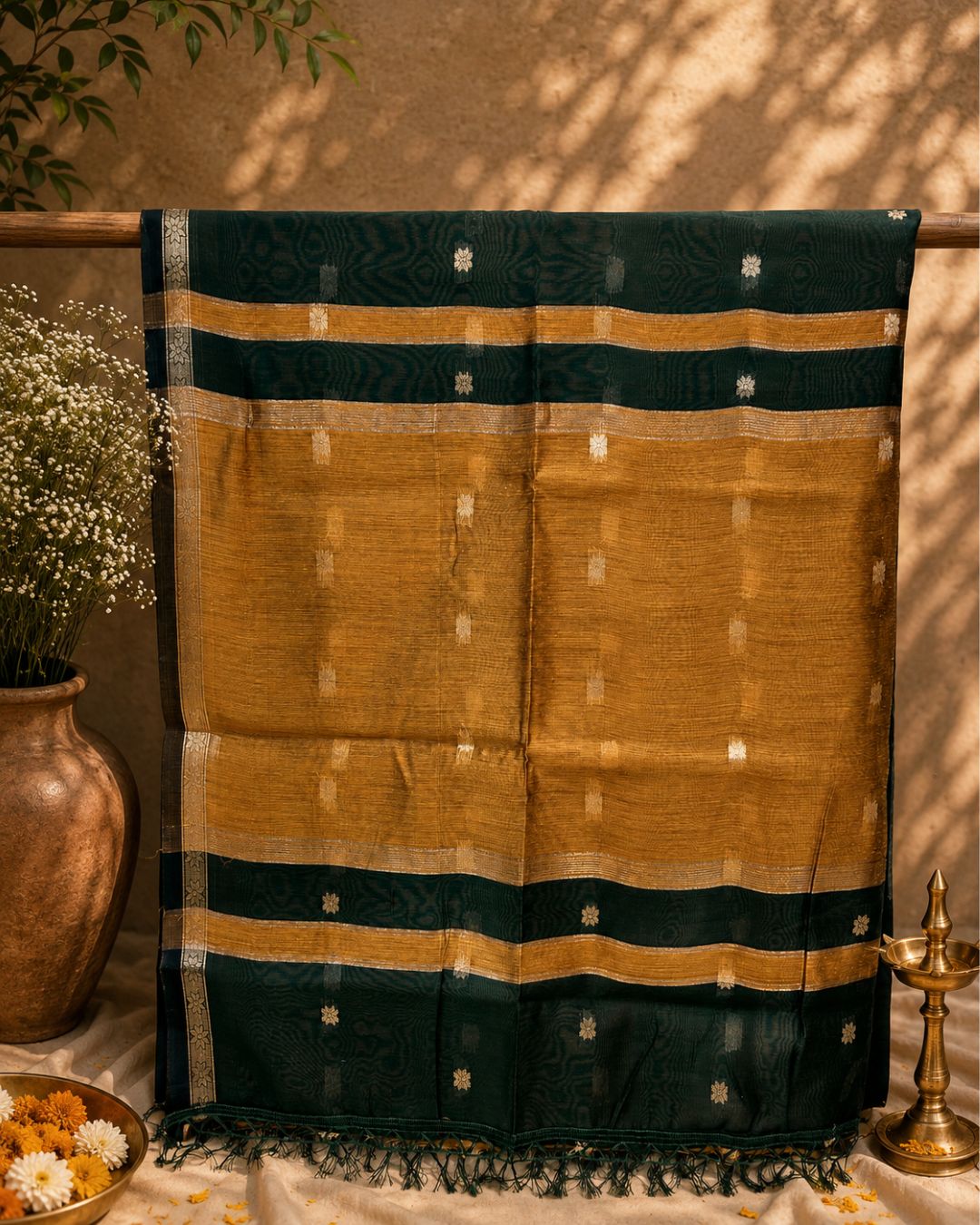 Bottle Green Colour Maheshwari Cotton Saree with Contrast Pallu & Blouse
