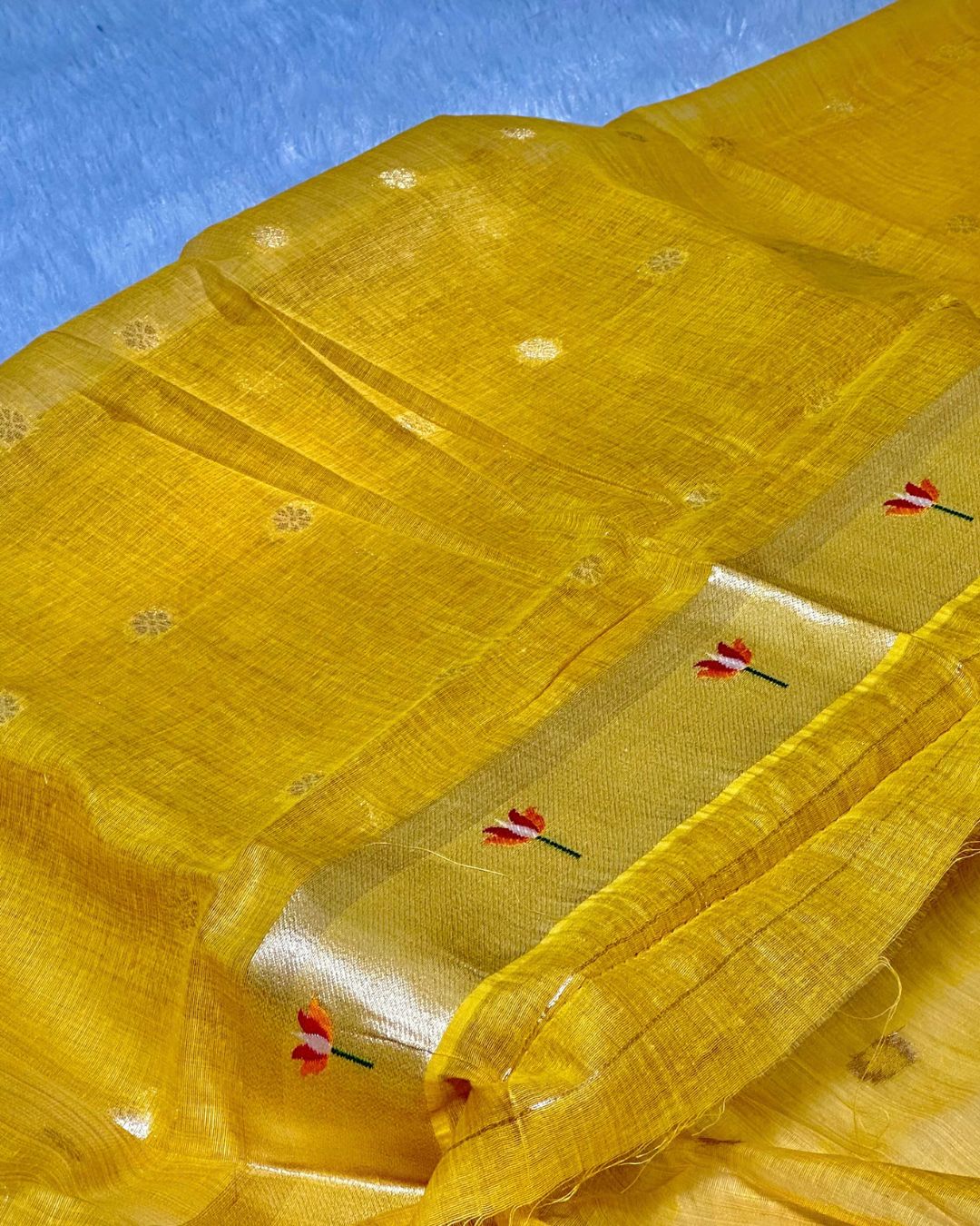 Mustard Yellow Colour Jamdani Cotton Saree