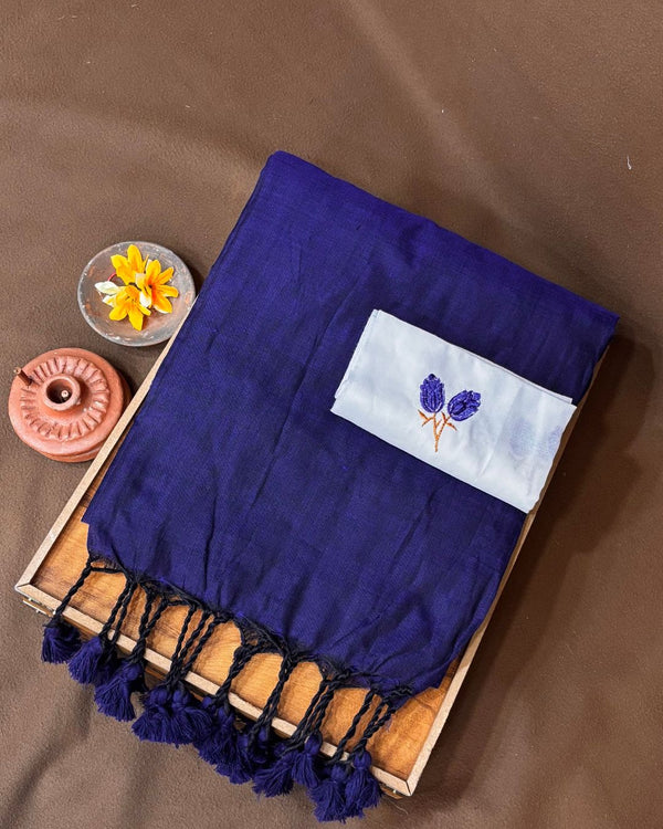 Navy Blue Colour Cotton Saree with Contrast Blouse Piece