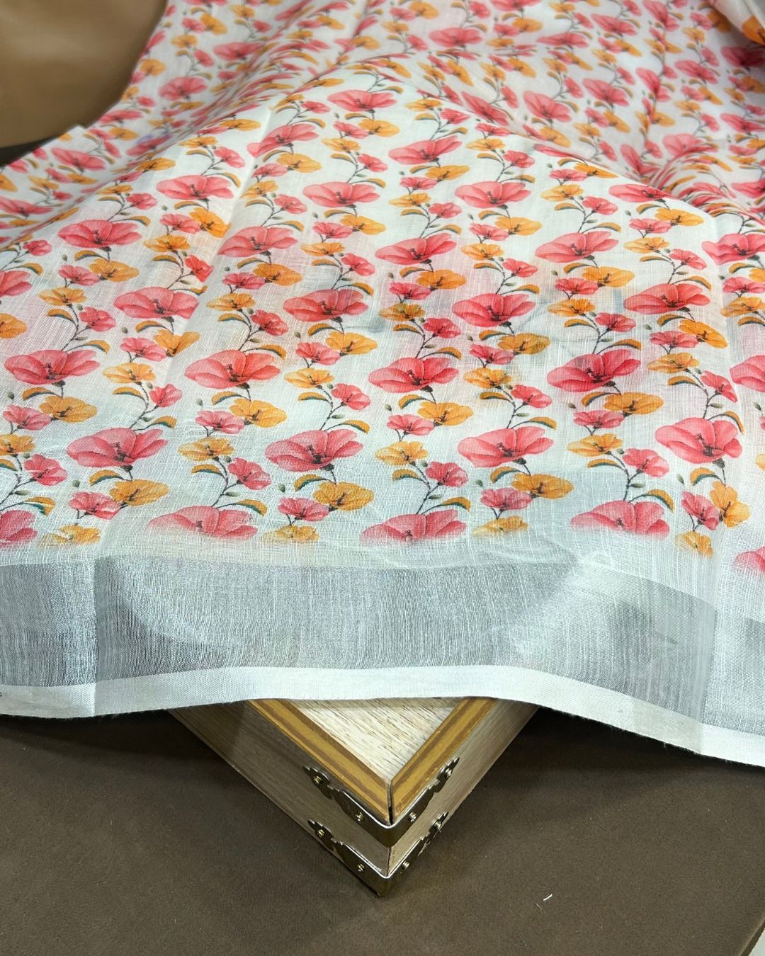 White Colour Linen Cotton Digital Printed Saree