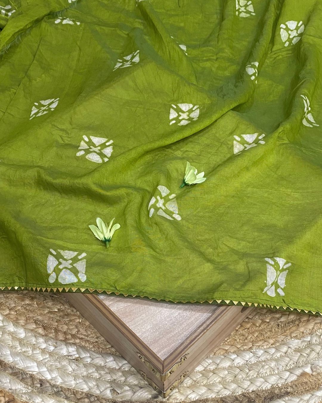 Parrot Green Colour Batik Cotton Saree