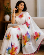 White Colour Linen Floral Cotton Saree
