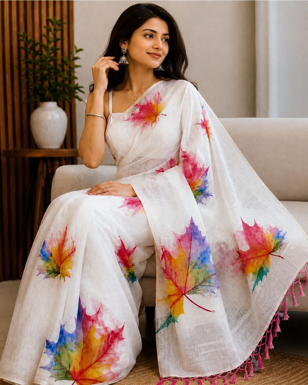 White Colour Linen Floral Cotton Saree