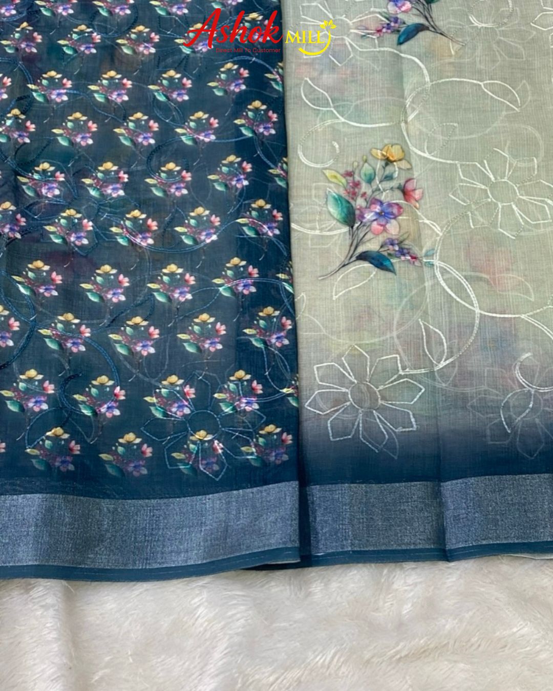 Blue-Grey Colour Cotton Digital Print with Thread Work Saree