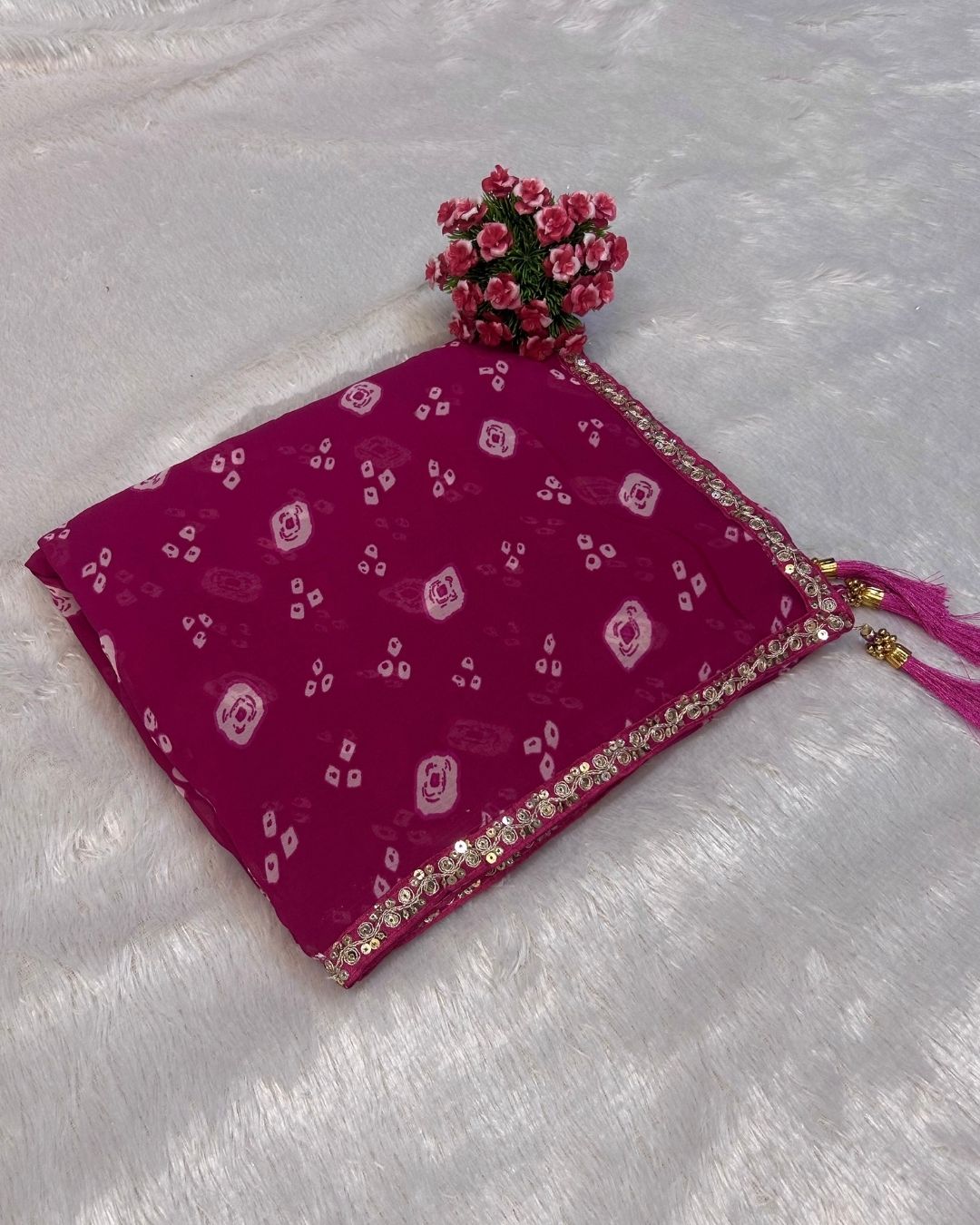 Rani Pink Colour Chiffon Batik Print lace Border Saree