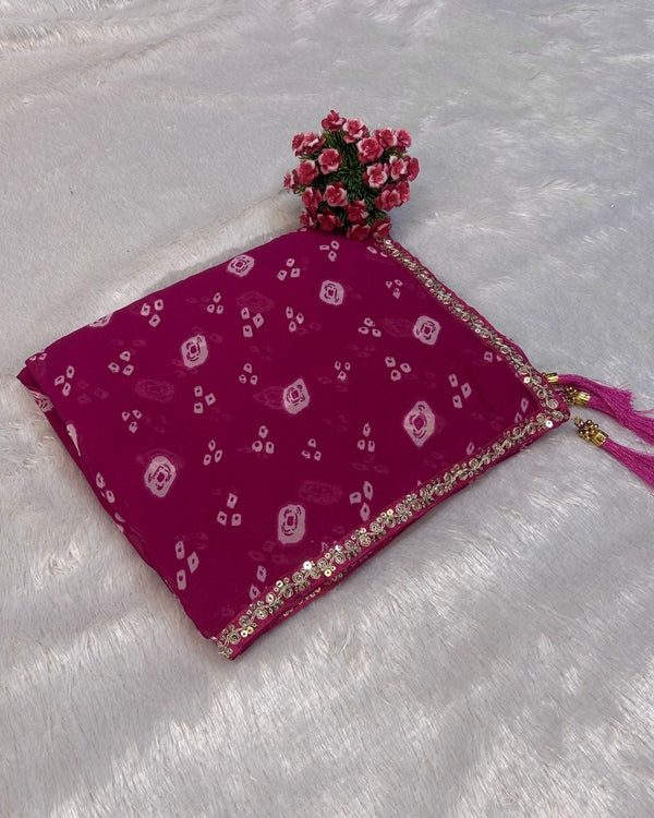 Rani Pink Colour Chiffon Batik Print lace Border Saree