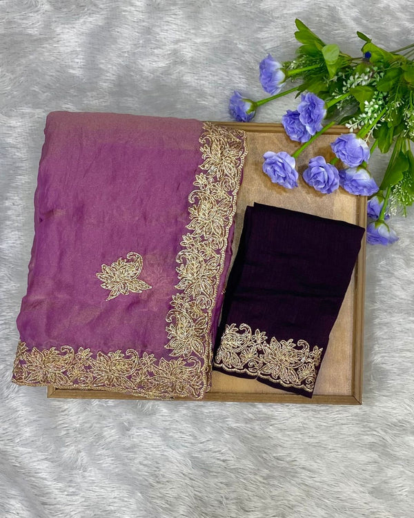 Onion Pink Colour Shimmer Silk Saree with Contrast Blouse Piece