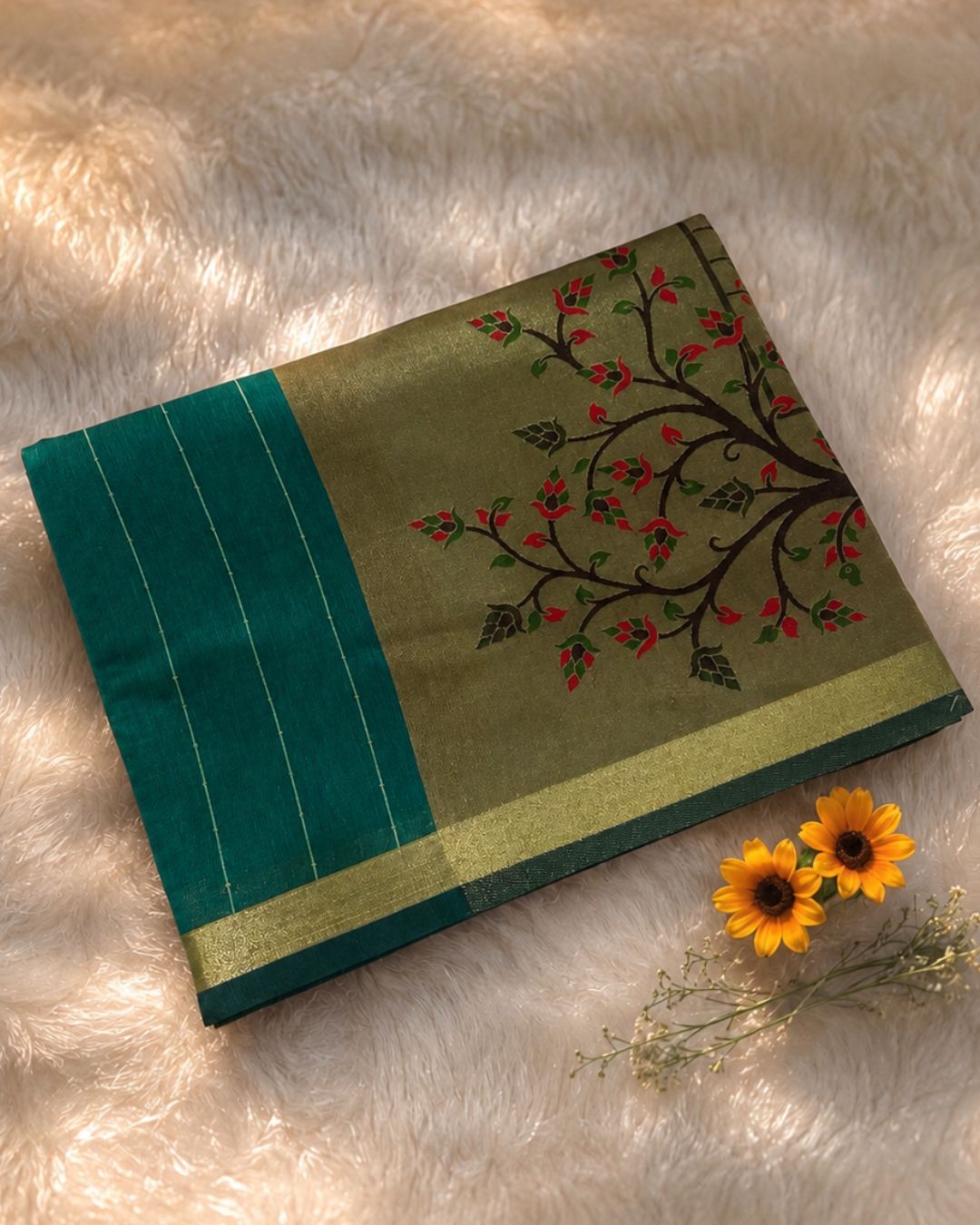 Dark rama green Colour Cotton Jamdani Saree with Sequin Work