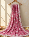 Onion Pink Colour Shimmer Saree with Heavy Floral Embroidery Border