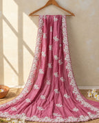 Onion Pink Colour Shimmer Saree with Heavy Floral Embroidery Border