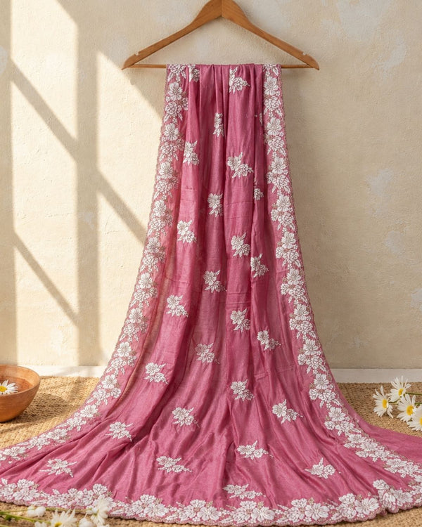 Onion Pink Colour Shimmer Saree with Heavy Floral Embroidery Border