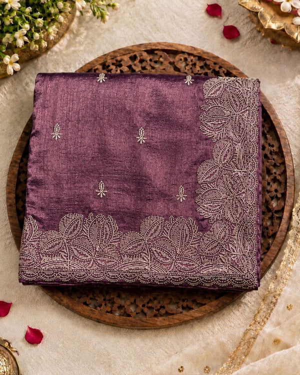 Dusty Lavender Colour Vichitra Silk Thread Wok Border Design Saree