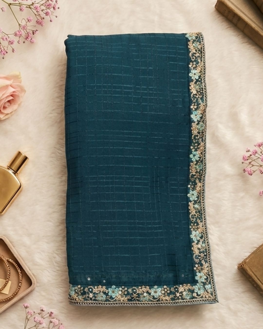 Petrol Blue Colour Chiffon Saree With Contrast Blouse