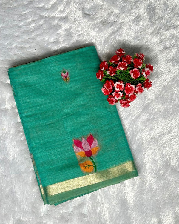 Teal Green Colour Jamdani Cotton Saree