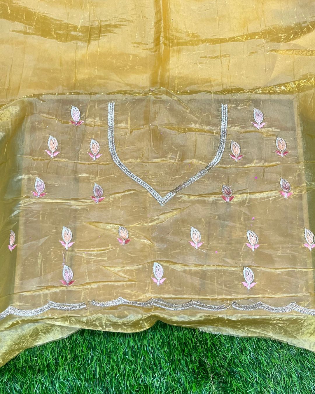 Golden Colour Crunchy Silk Thread Work Saree