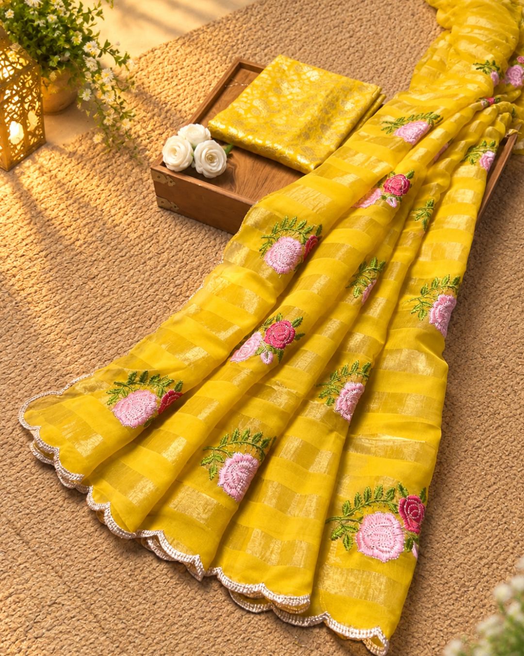 Mustard Yellow  Colour Floral Golden Zari Border Saree