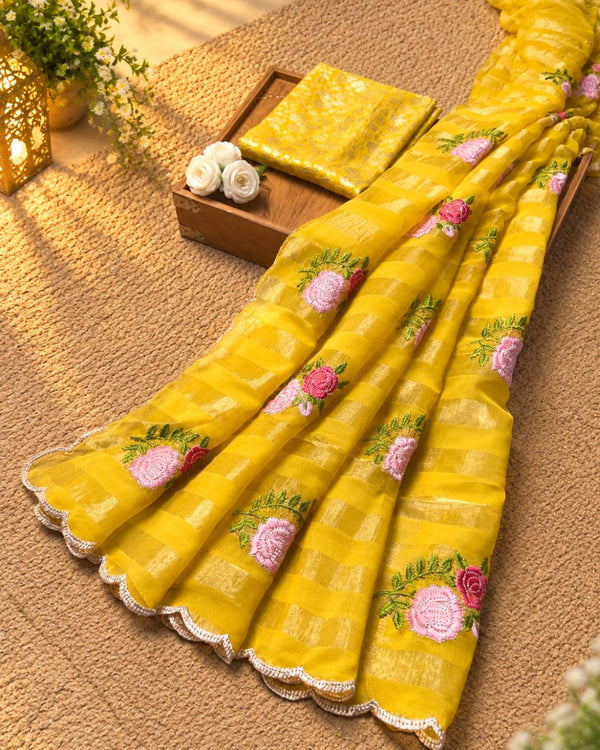 Mustard Yellow  Colour Floral Golden Zari Border Saree