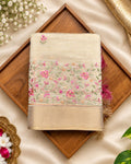 Golden Beige Tissue Cotton Saree with Elegant Pink Floral Thread Embroidery
