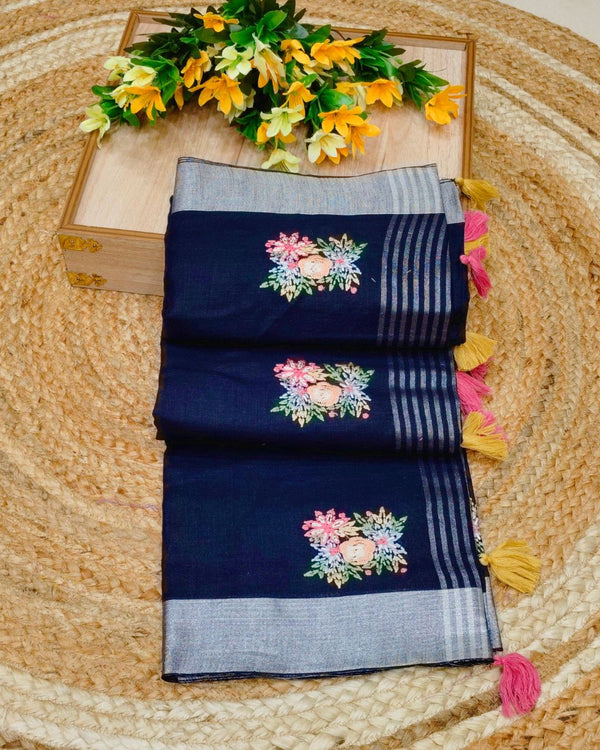 Navy Blue Colour Jute Cotton Saree