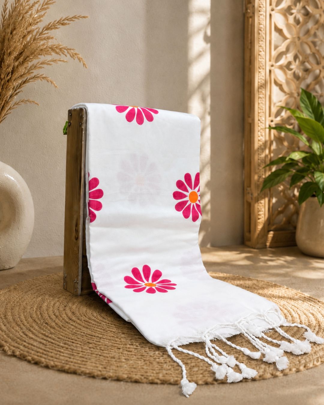 White Colour Cotton Floral Printed Saree