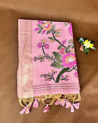 Flamingo Pink Colour Lotus Flower Thred work Cotton Saree