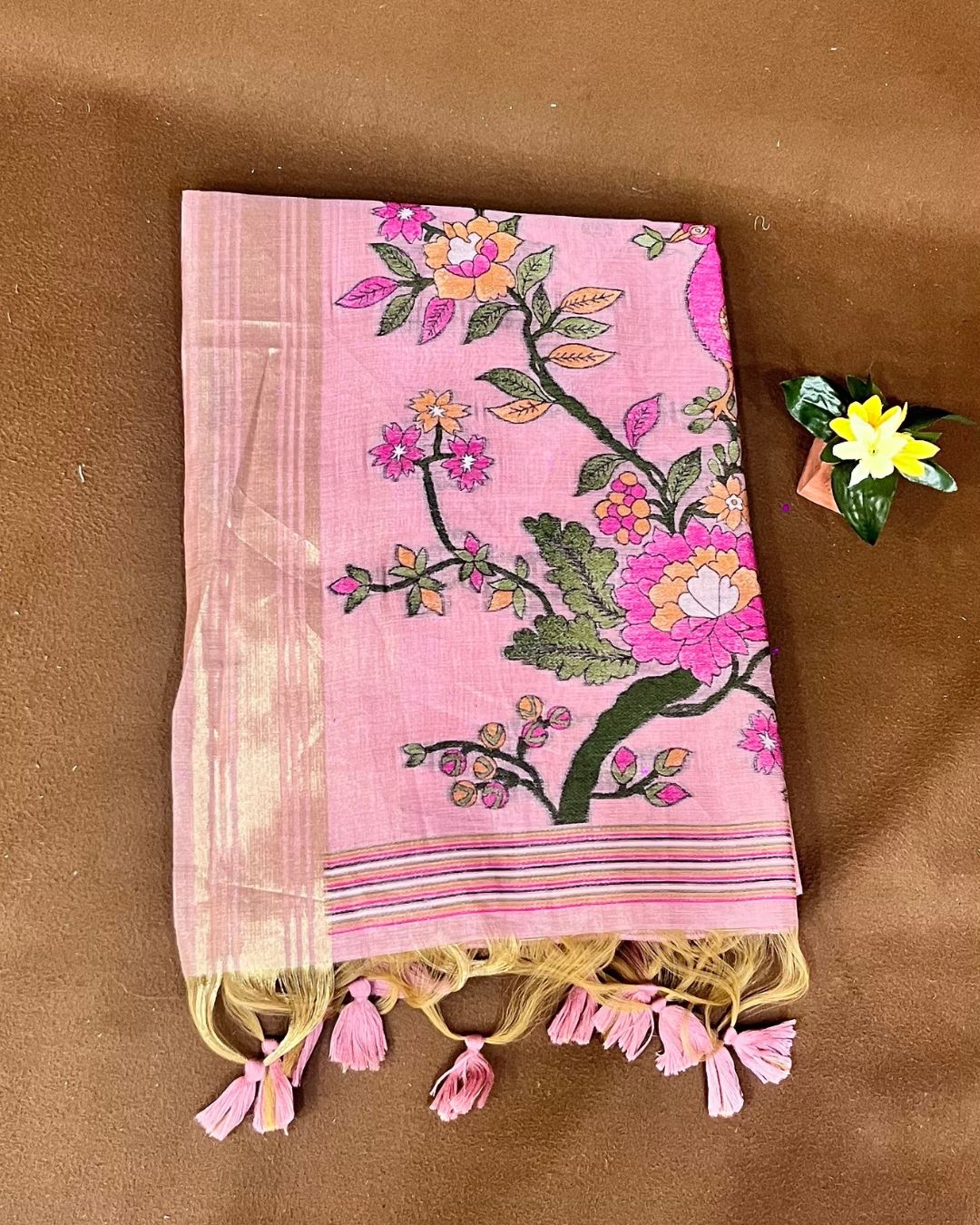 Flamingo Pink Colour Lotus Flower Thred work Cotton Saree