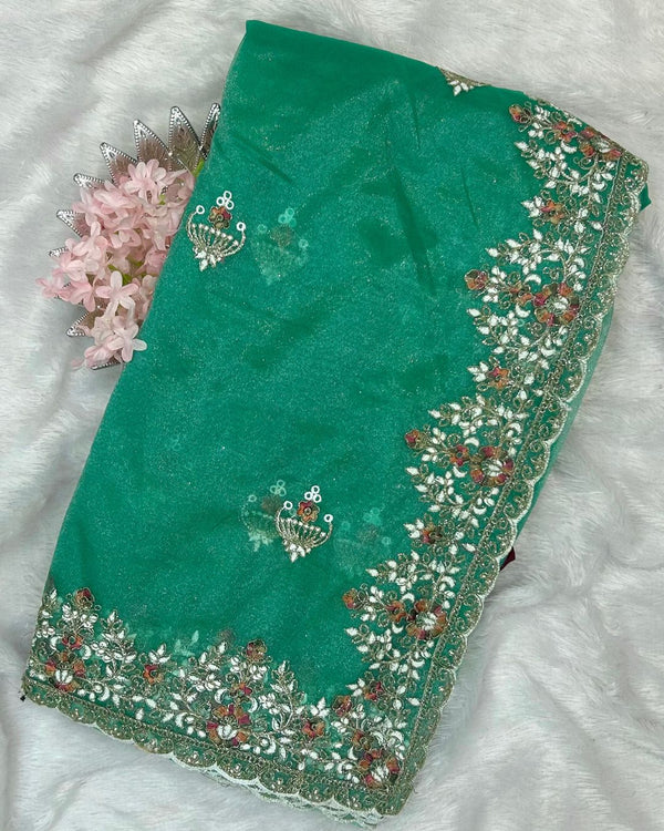 Turquoise Colour Soft Net Cutwork border Saree