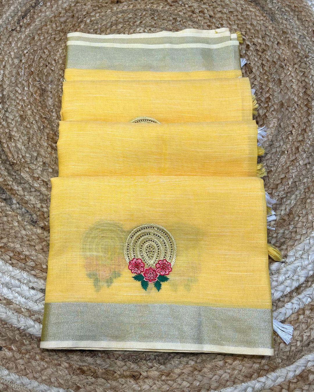 Golden Beige Colour Linen Cotton Saree