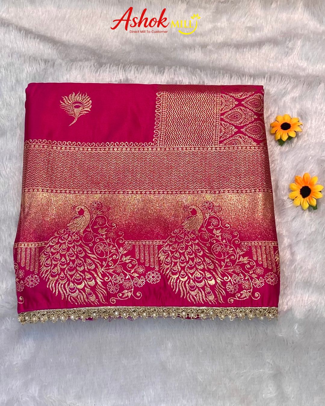 Rani Pink Colour Soft Satin Silk Saree With Moti Border