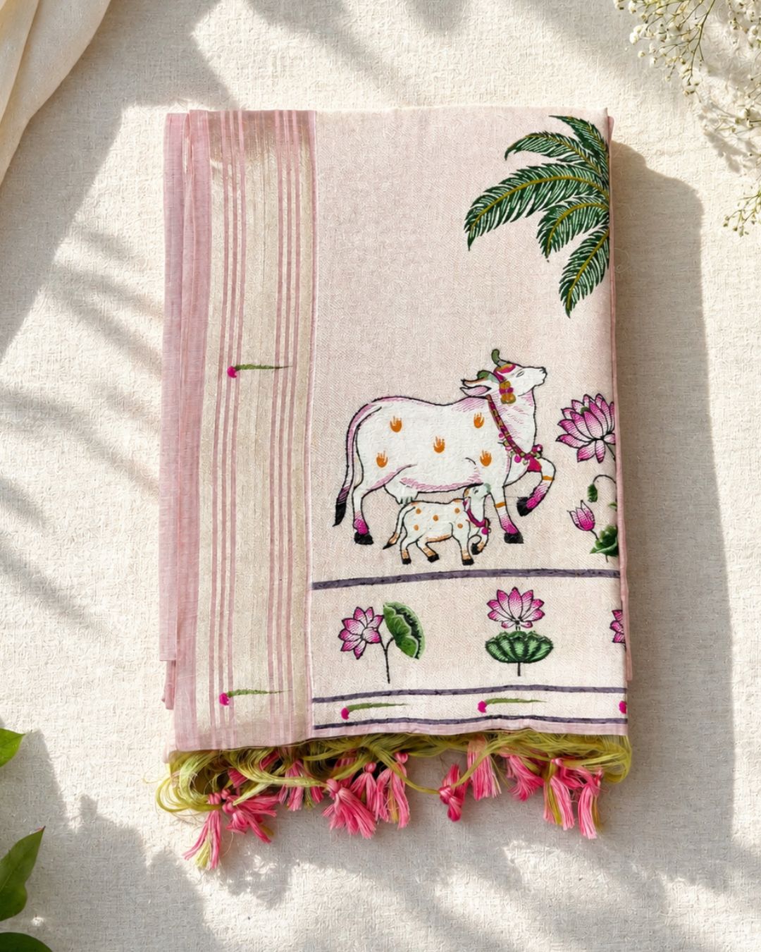 Flamingo Pink  Colour Thread work Cotton Saree